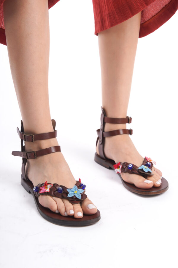 Sur Sandalet El Yapımı Kösele Kadın iğne Oyalı  Bodrum Sandalet 7036-1 - Görsel 7