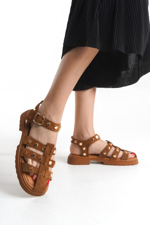 Sur Sandalet Kadın Taba Süet Deri Taşlı Spor Sandalet M-574-T - Görsel 7