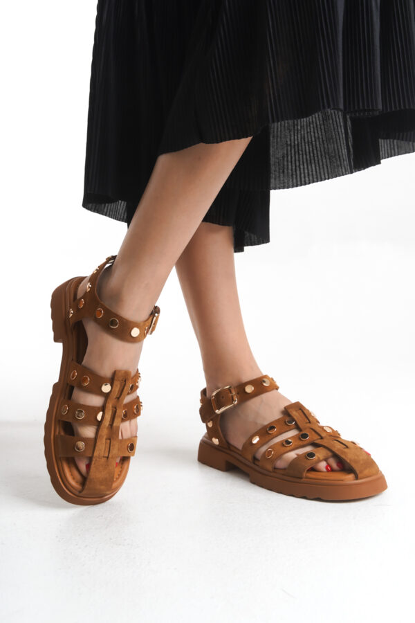 Sur Sandalet Kadın Taba Süet Deri Taşlı Spor Sandalet M-574-T - Görsel 8