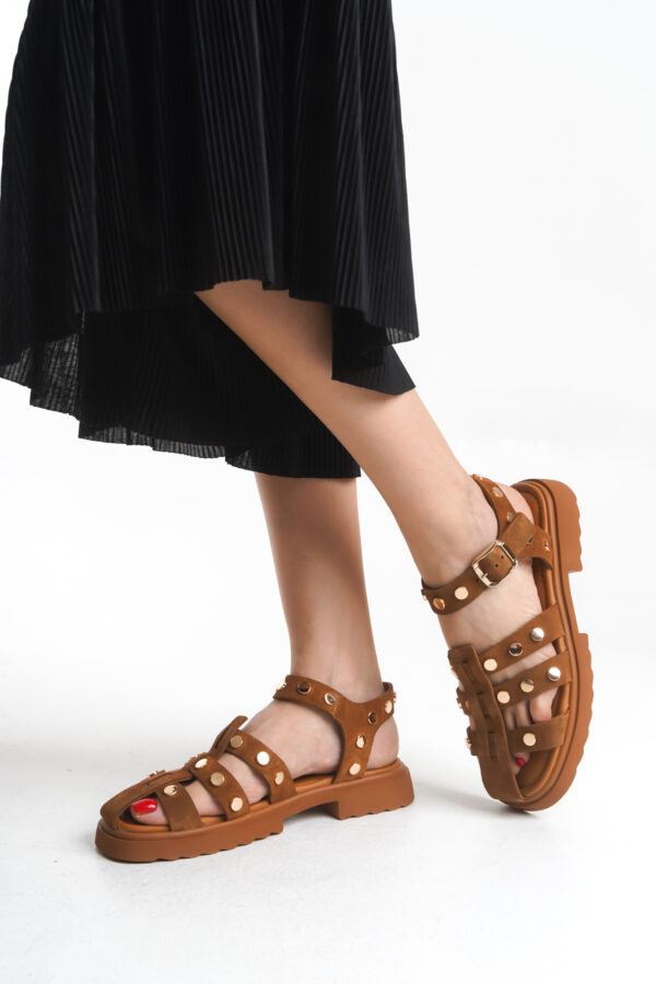 Sur Sandalet Kadın Taba Süet Deri Taşlı Spor Sandalet M-574-T - Görsel 9