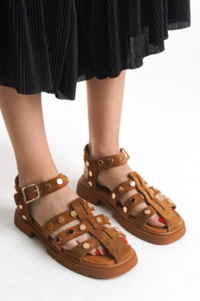 Sur Sandalet Kadın Taba Süet Deri Taşlı Spor Sandalet M-574-T