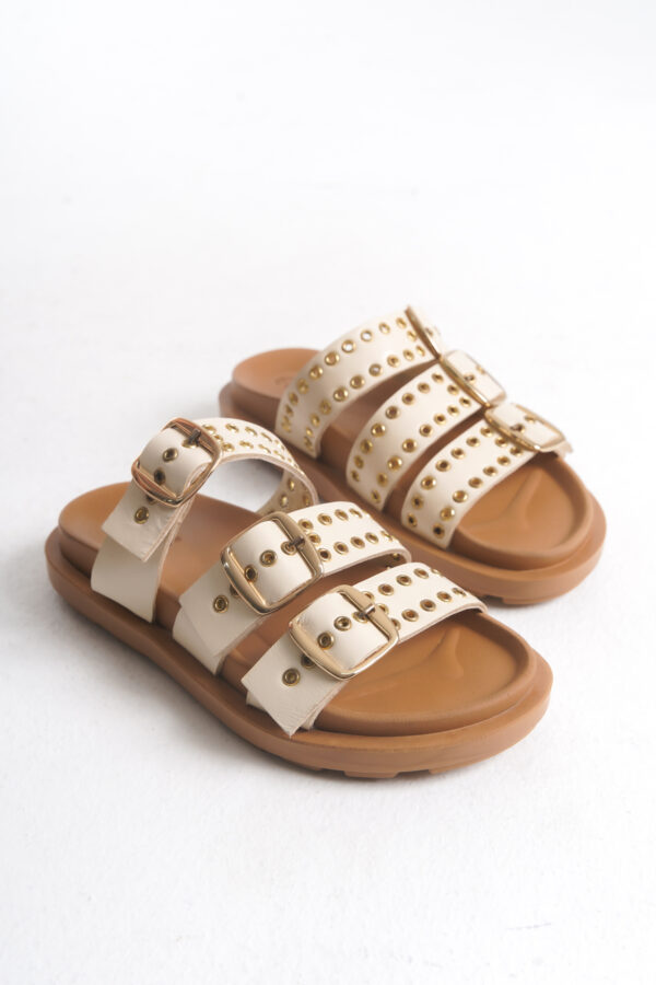 Sur Sandalet Kadın Bej Zımba Detaylı Terlik M-623 B - Görsel 2