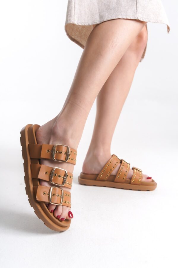 Sur Sandalet Kadın Taba Zımba Detaylı Terlik M-623 T