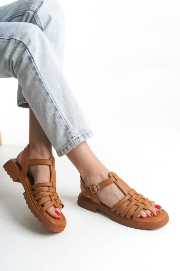 Sur Sandalet Kadın Taba Deri Günlük Klasik Sandalet M-649-T - Görsel 4